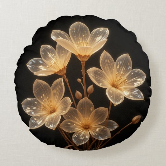 ネオン透明ベージュの花の黒い丸い枕 ラウンドクッション (正面)