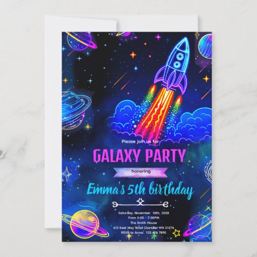 ネオン銀河スペース 誕生日招待状 招待状 (正面)