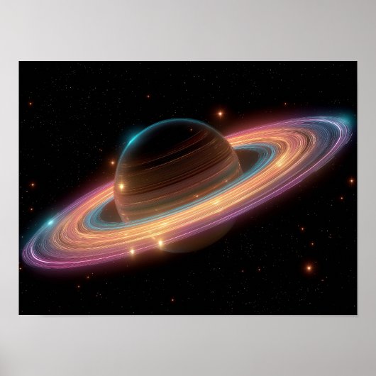 ネオン銀河リング惑星 デジタルアート 宇宙 ポスター (正面)