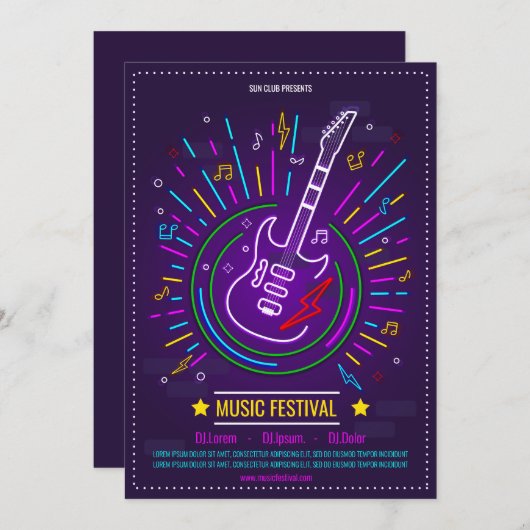 ネオン音楽の背景エレキギターの発表 招待状 (正面/裏面)
