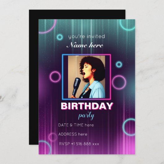 ネオン音楽の誕生日パーティーの招待をパーソナライズ 招待状 (正面/裏面)