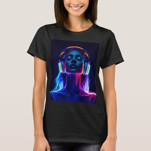 ネオン音楽瞑想 - ヘッドホンを着けた女性アート Tシャツ (正面)