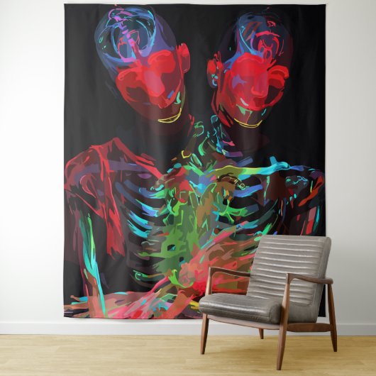 ネオン骸骨の抱擁 アートフュージョン タペストリー (インサイチュ)