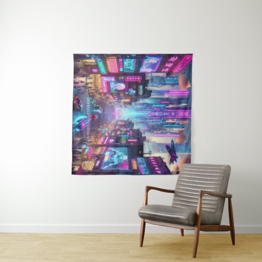 ネオン鮮やかサイバーパンク街並みファンタジー | タペストリー (インサイチュ(横))