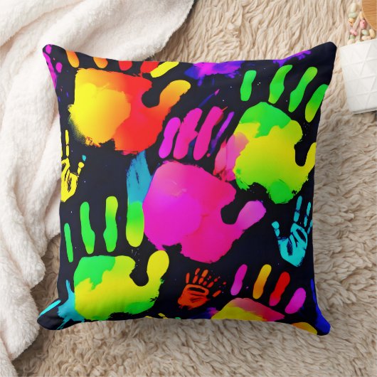 ネオン鮮やかハンドプリントアート クッション (ブランケット)