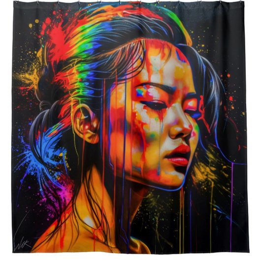 ネオン鮮やかポートレート-抽象芸術表現主義アート シャワーカーテン (正面)