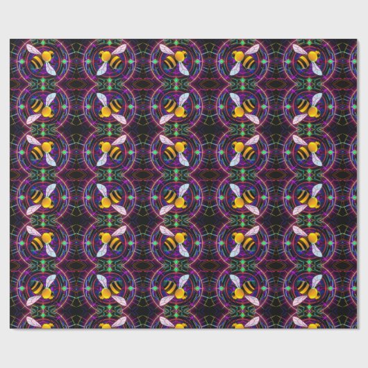 ネオン鮮やかミツバチと抽象芸術模様 ラッピングペーパー (フラット)