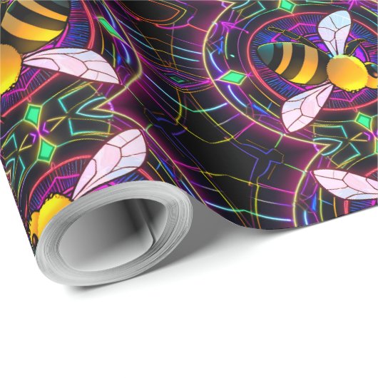 ネオン鮮やかミツバチと抽象芸術模様 ラッピングペーパー (ロールコーナー)