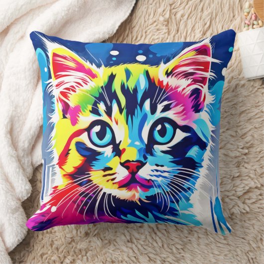 ネオン鮮やか子猫アート クッション (ブランケット)