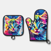 ネオン鮮やか子猫アート 鍋つかみ&鍋敷きセット (正面)