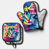 ネオン鮮やか子猫アート 鍋つかみ&鍋敷きセット (正面/裏面)