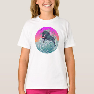 ネオン黄色の女の子の青年ユニコーンのワイシャツ"媒体" Tシャツ