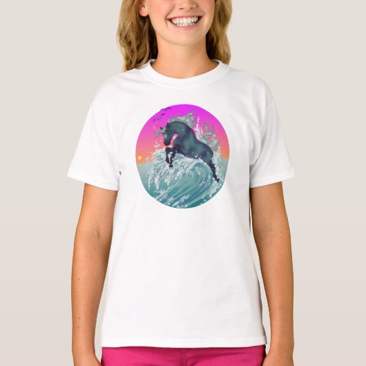 ネオン黄色の女の子の青年ユニコーンのワイシャツ"媒体" Tシャツ (正面)