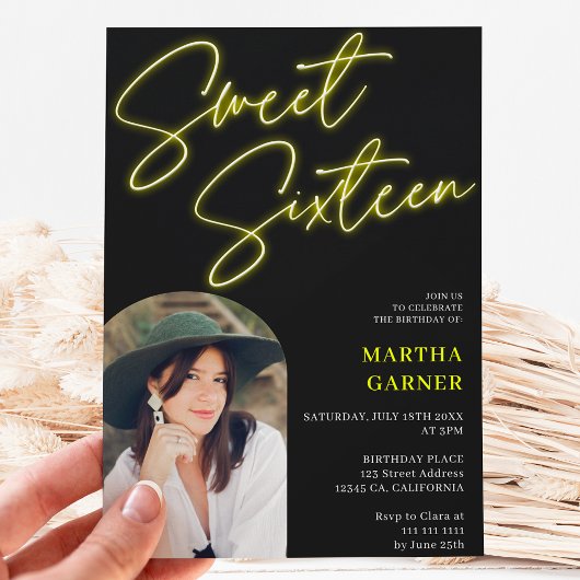 ネオン黄色の標識スクリプトおもしろい写真アーチ甘い16 招待状