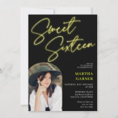 ネオン黄色の標識スクリプトおもしろい写真アーチ甘い16 招待状 (正面)