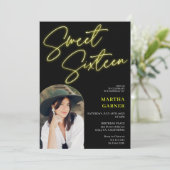 ネオン黄色の標識スクリプトおもしろい写真アーチ甘い16 招待状 (スタンド正面)