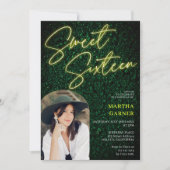 ネオン黄色の看板スクリプト緑の写真アーチ甘い16 招待状 (正面)