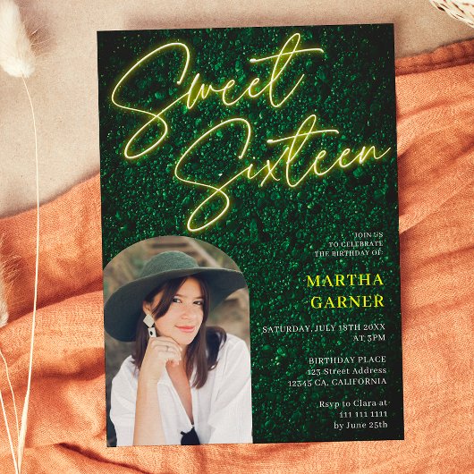 ネオン黄色の看板スクリプト緑の写真アーチ甘い16 招待状