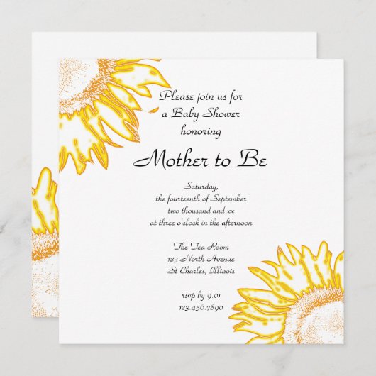 ネオン黄色ひまわり赤ちゃんシャワー 招待状 (正面/裏面)