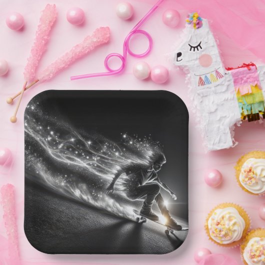 ネオン10代のライトが付いたスケートボードの少年 ペーパープレート (パーティー)