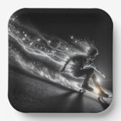 ネオン10代のライトが付いたスケートボードの少年 ペーパープレート (正面)