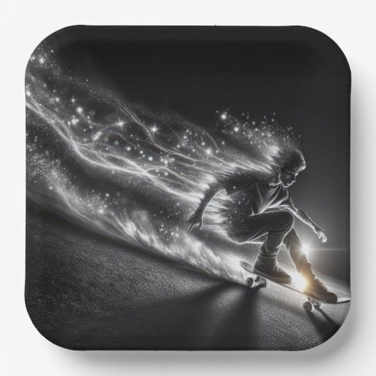 ネオン10代のライトが付いたスケートボードの少年 ペーパープレート (正面)