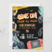 ネオン10代の若者ゲーマーボーイバースデーパーティー 招待状 (正面)