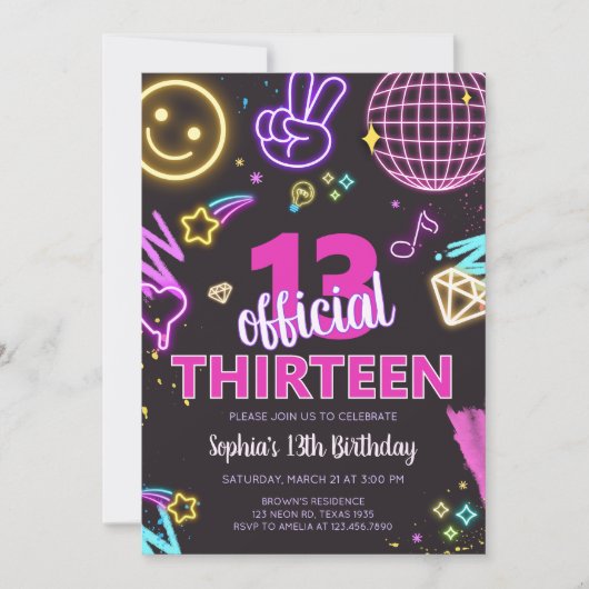 ネオン10代の若者13歳の誕生日パーティー 招待状 (正面)