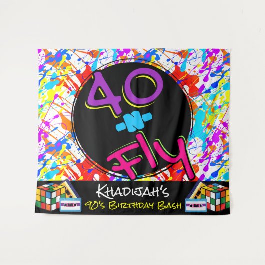 ネオン80's テーマ | 40歳  フライ ヒップホップ 40歳の誕生日 タペストリー (正面(横))