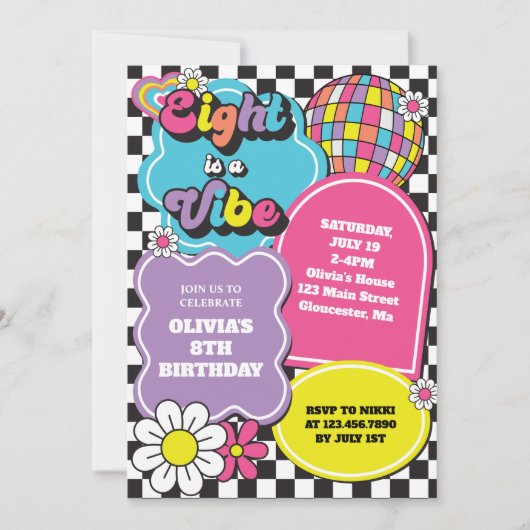 ネオン90年代レトロエイトはヴィベ8誕生日 招待状 (正面)