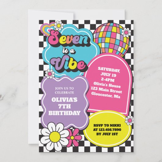 ネオン90年代レトロセブンはヴィベ7誕生日 招待状 (正面)
