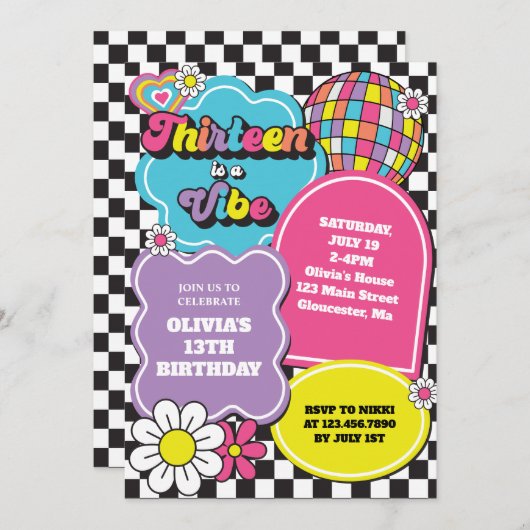 ネオン90年代レトロ13はヴィベ13誕生日 招待状 (正面/裏面)