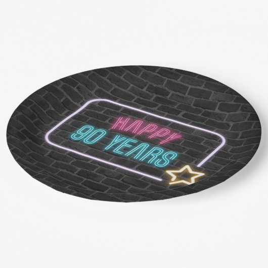 ネオン90誕生日マーキーオンブリック紙プレート ペーパープレート (アングル)