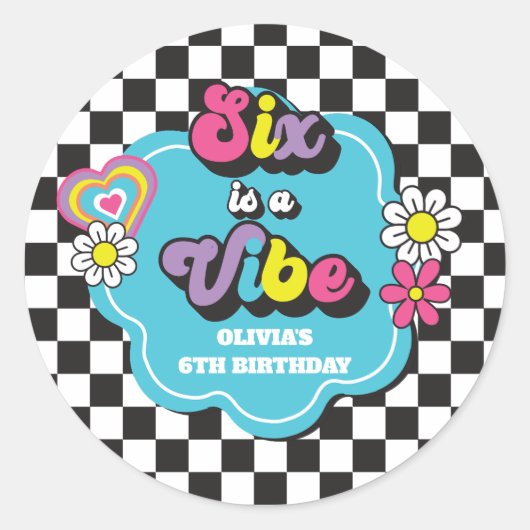 ネオン90'sレトロなSix is a Vibe 6歳の誕生日 ラウンドシール (正面)