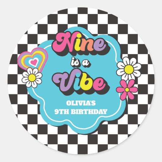 ネオン90'sレトロNine is a Vibe 9歳の誕生日 ラウンドシール (正面)
