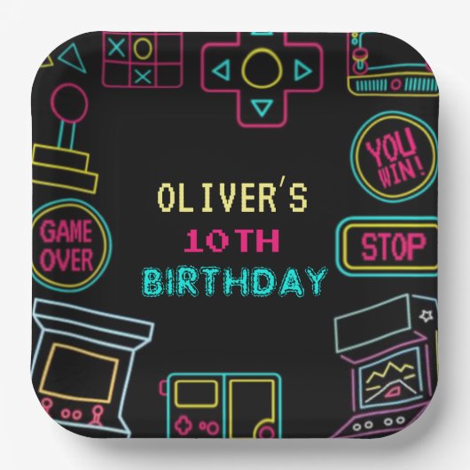 ネオン いつでも ビデオゲーム アーケード 誕生日  ペーパープレート (正面)