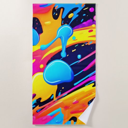 ネオン(ばちゃばちゃ)跳ねる絵を描アート ビーチタオル (正面)