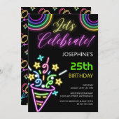 ネオン カラフル グロー ファン バースデー パーティー 招待状 (正面/裏面)