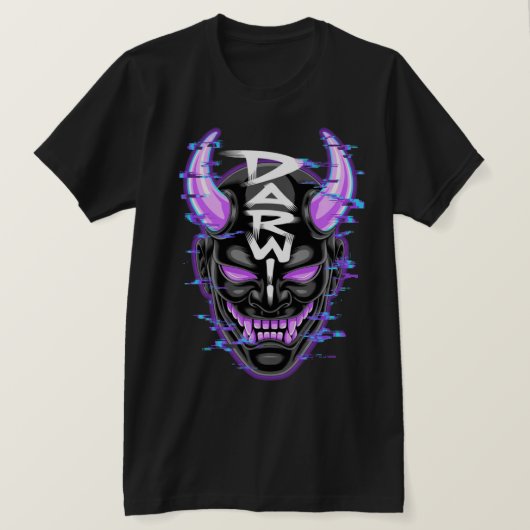 "ネオン・グリッチ鬼マスク - DARW" Tシャツ (デザイン正面)