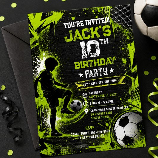 ネオン グリーン アーバン ストリート サッカー 誕生日パーティー 招待状