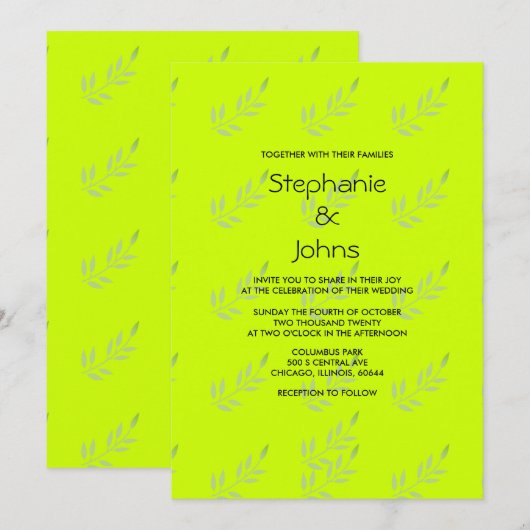 ネオン グリーン イエロー カラフル リーフ アート ボヘミア ウェディング 招待状 (正面/裏面)