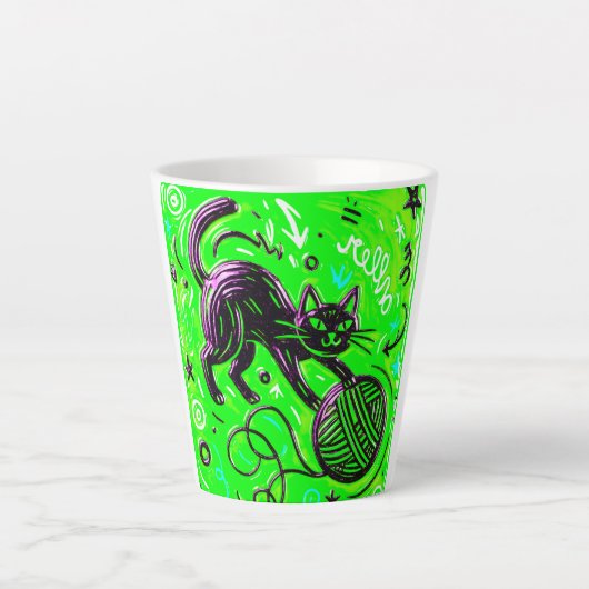 ネオン グリーン ブラック キャット カフェラテマグ (正面)