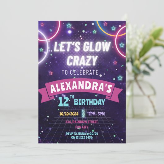 ネオン グロー イン ザ ダーク グロー バースデー ガール パーティー 招待状 (スタンド正面)