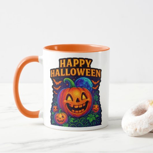 ネオン グロー パンプキン「ハッピー ハロウィン」 マグカップ (ドーナツ)