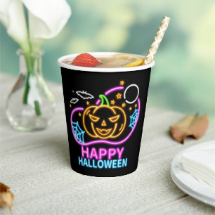 ネオン グロー ルック ハロウィン パンプキン コウモリ ウェブ 月 紙コップ