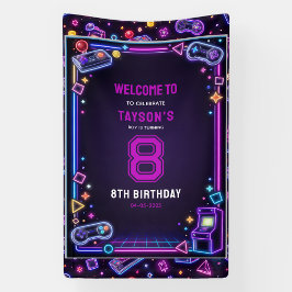 ネオン グロー レトロ アーケード ゲーミング 8歳の誕生日 横断幕
