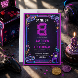 ネオン グロー レトロ アーケード ゲーム 8歳の誕生日 招待状