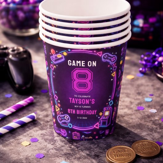 ネオン グロー レトロ アーケード ゲーム 8歳の誕生日 紙コップ