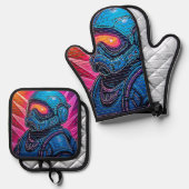 ネオン・サイバーパンク宇宙飛行士 鍋つかみ&鍋敷きセット (正面/裏面)