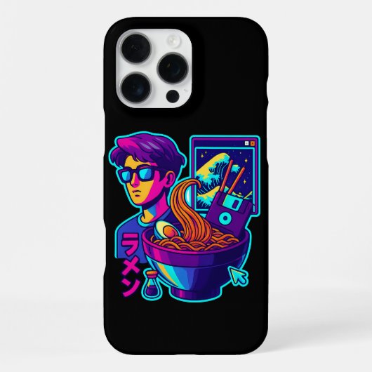 ネオン・サイバー・ラーメン - ヴェイパーウェーブ・レトロ風アート iPhoneケース (裏面)